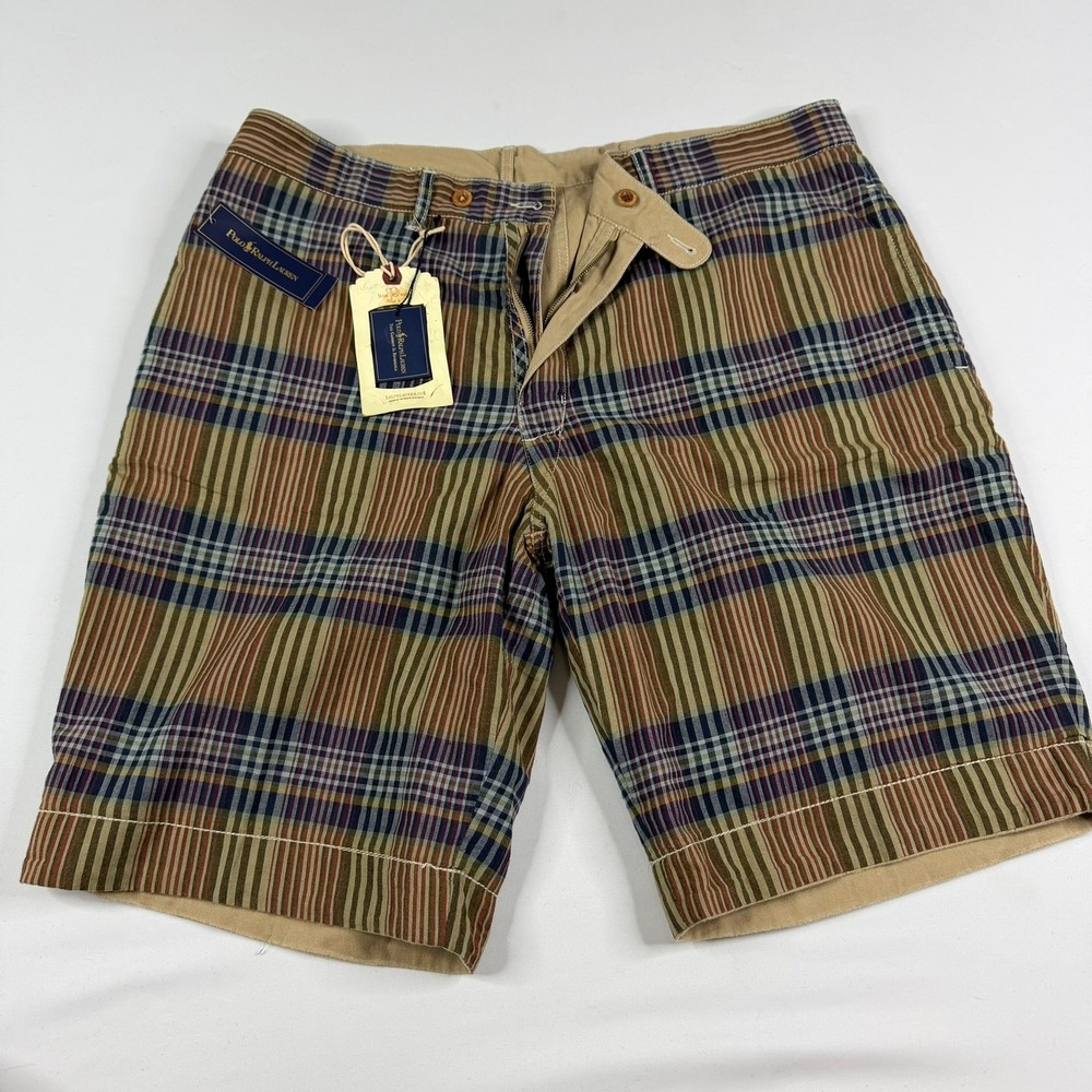 Polo Ralph Lauren Reversible Shorts Mens 38 Indian Madras Plaid Tan Chino NWT